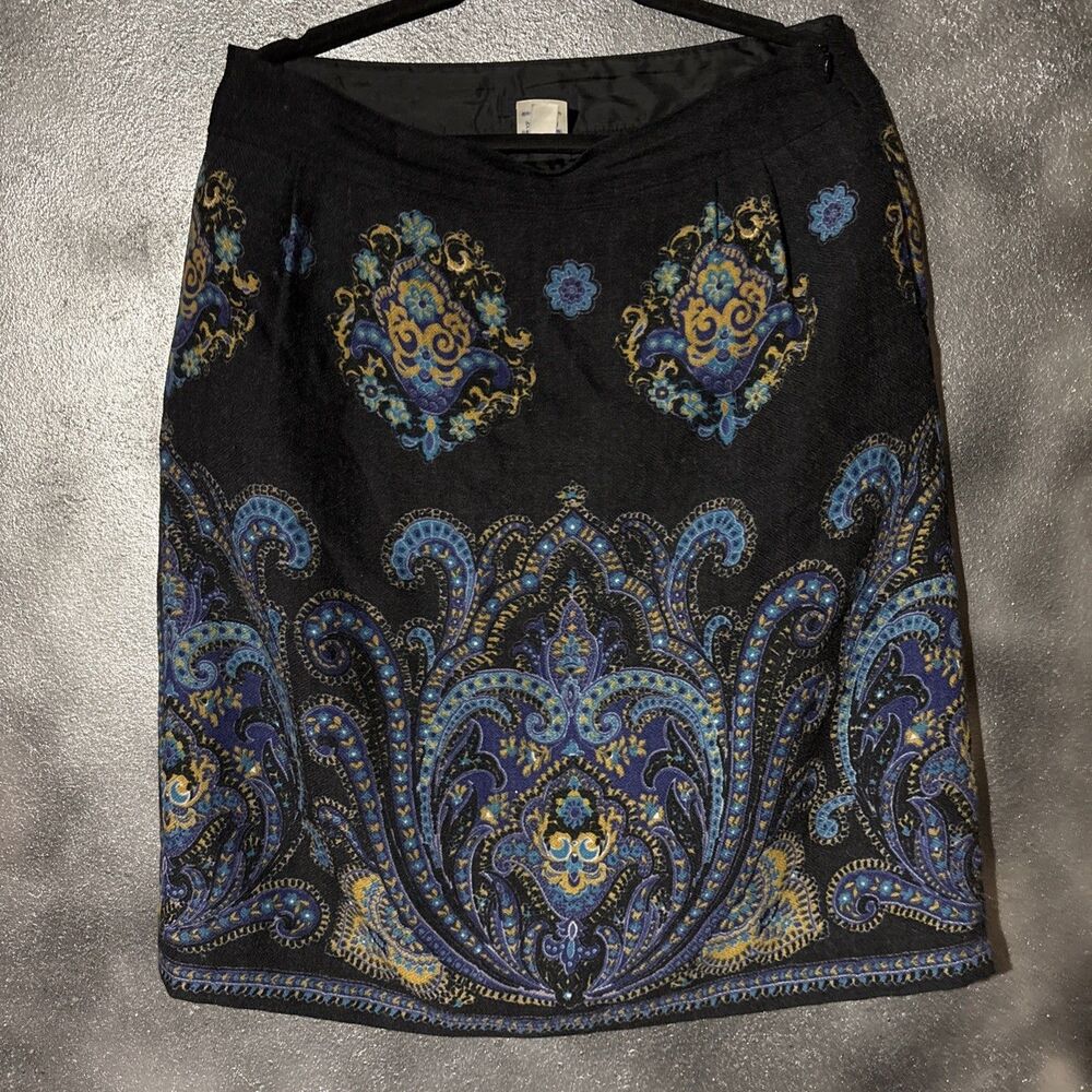 LAND'S END Womens Wool Skirt Lined Black Blue Paisley Pencil Cut Lightweight 10